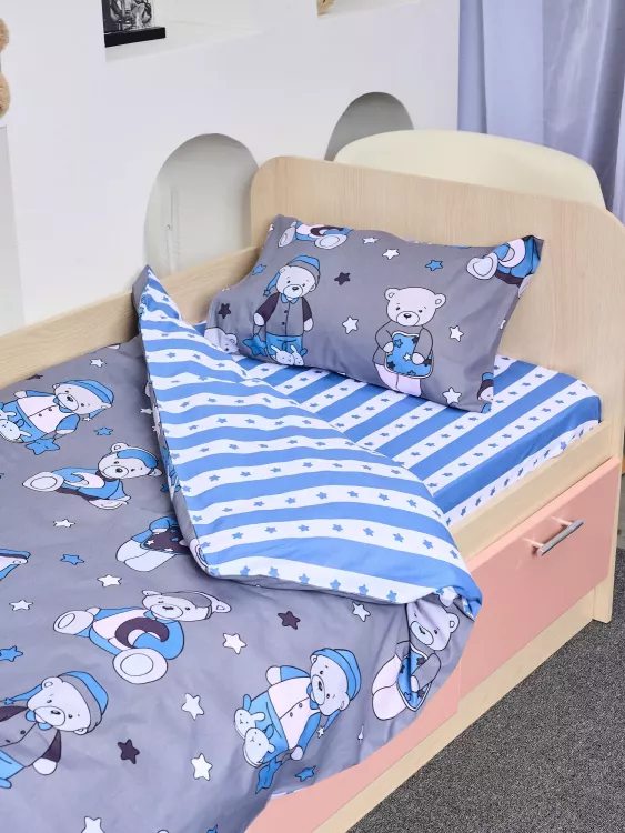 Постельное белье детское поплин с простыней на резинке - Мишки, цвет синий