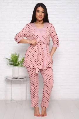 Комплект Горошинки (пудра) пеньюар+топ+брюки