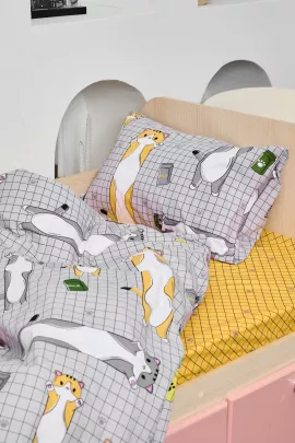 Постельное белье детское поплин с простыней на резинке - Кот-батон