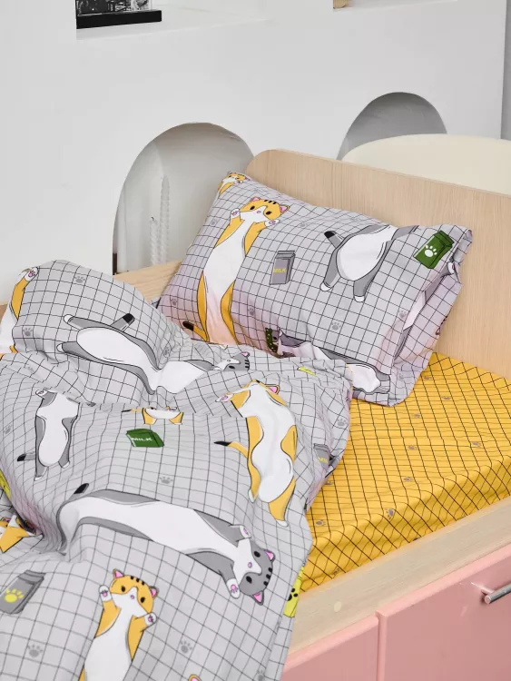 Постельное белье детское поплин с простыней на резинке - Кот-батон